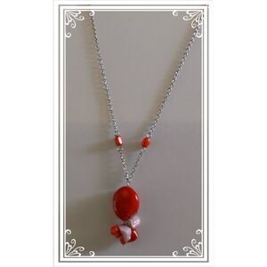 Pretty Genuine Silver Red Coral Bead Gemstone & Chips Necklace